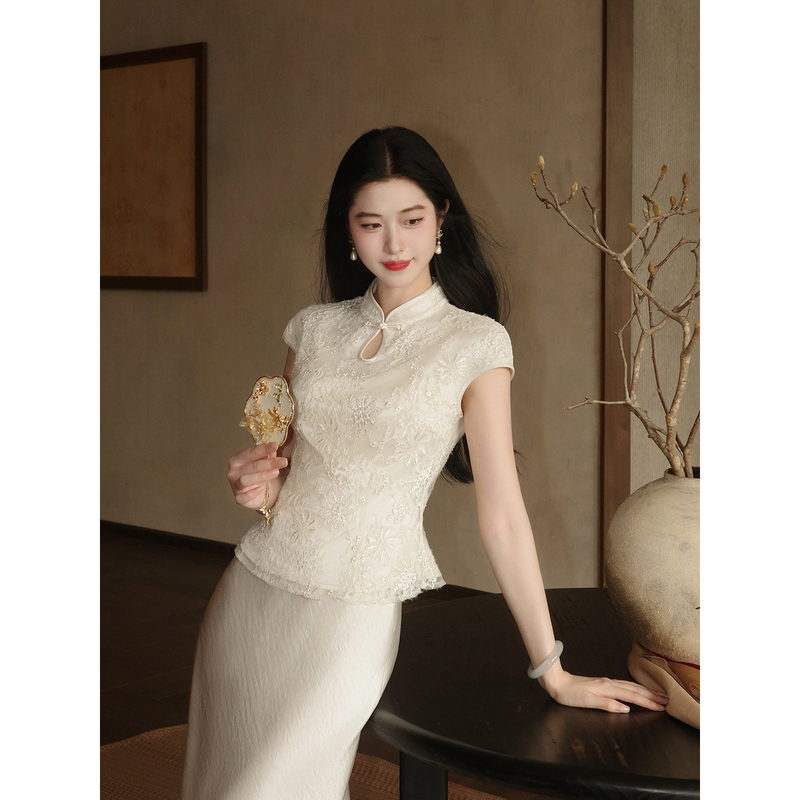 Lingqian Zihhe White Tea Mountain'New Chinese Style Imitation Acetate Lace Shirt' Women's Summer Mesh Hollow Floral Short Top
