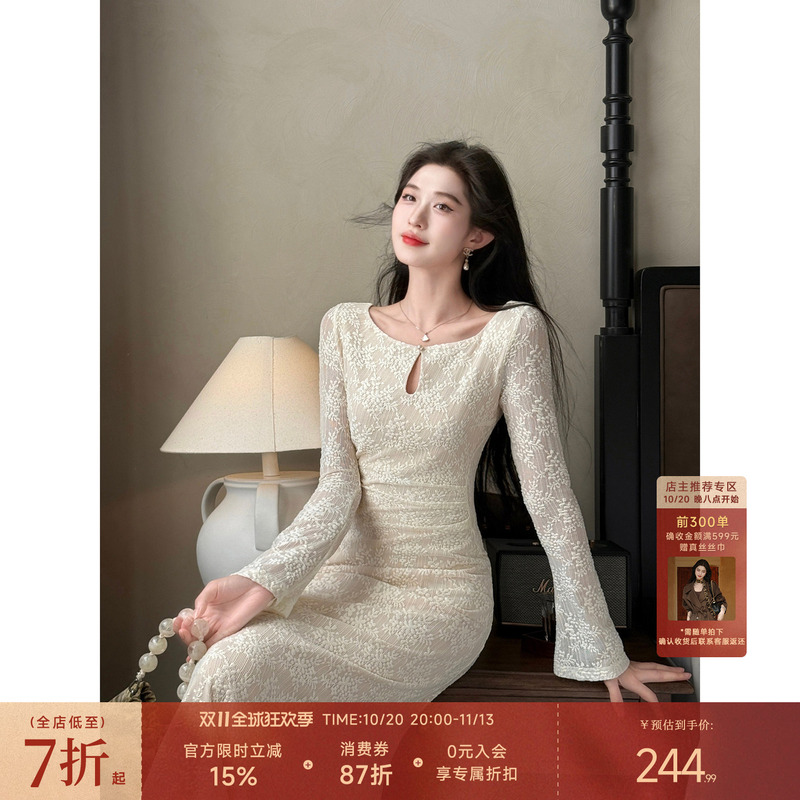 Lingqian Zihhe Evening White Story'French Lace Floral Dress' Women's Early Autumn Elegant Slim Waist Long Dress