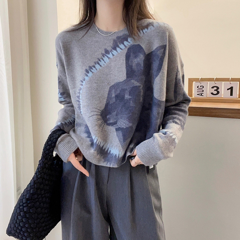 European Station 2026 Autumn Korean Style Round Neck Drop Shoulder Creative Rabbit Pattern Print Comfortable Cashmere Knit Sweater