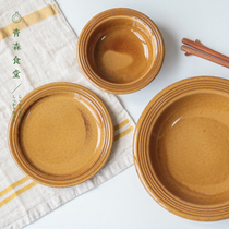 < Qingsen Canteen > Japanese Made Wan Ancient Burn 4th-Markt Heat Resistant Coarse Pottery Simple Vegetarian Rice Bowl Flat Pan Deep Pan