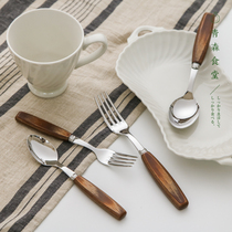 Green Canteen France Sabre Paris retro wood handle Stainless Steel Sweet fork Spoon Cutlery