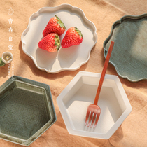< Qingsen Canteen > Japan Made Meiny Thick ceramic plain Hemp Cloth Texture Floral Tray Hexagon Bowl