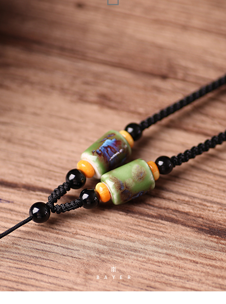 Ceramic barrel bead necklace black rope wek - jin and hand - woven art pendant hang rope restoring ancient ways men and women with hang rope