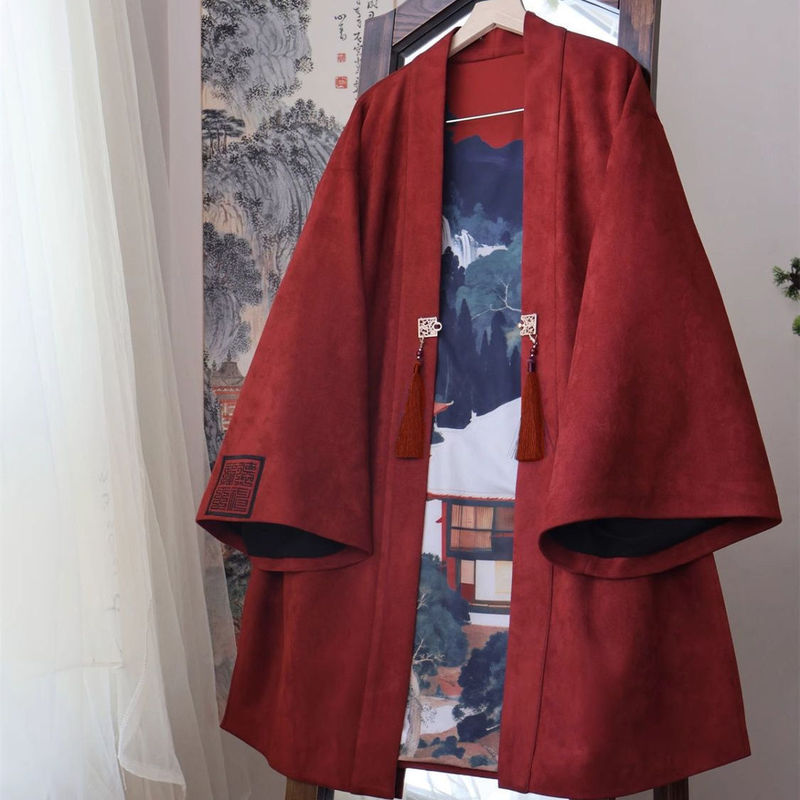 【Fenglin Volcano】Heavy-Duty and Super Cool! Unisex New Chinese-Style Embroidered Improved Robe, Autumn and Winter Suede Outerwear