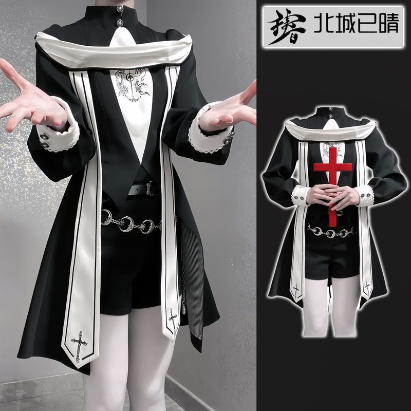 【Two-Piece Set】2026 Spring New Original Gothic Nun Lolita Black and White Color-Blocking Oc Long-Sleeve Trendy