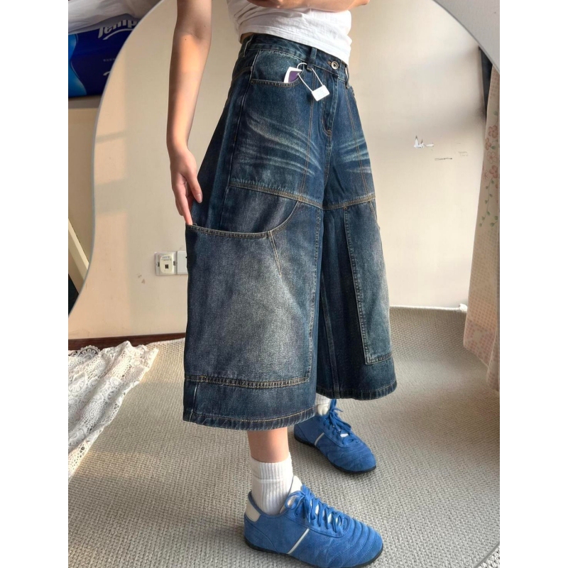 Plus Size 150kg American Retro Loose Distressed Cropped Denim Shorts Unisex Summer High Street Wide-Leg Mid-Length Pants2