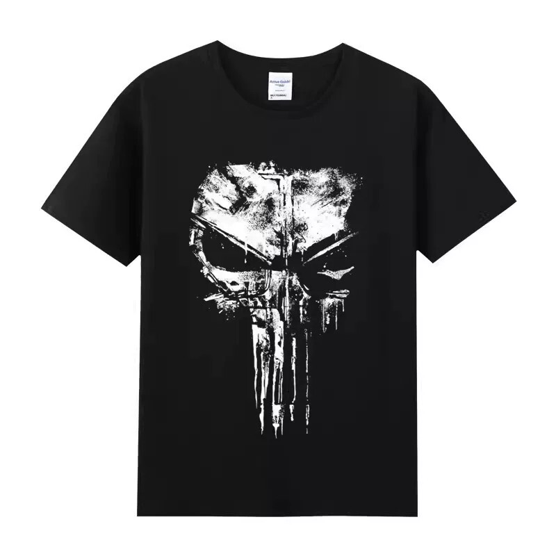 Plus Size 150kg American Comic Style Skull Print Short-Sleeve T-Shirt for Men, Daredevil Punisher Top, Summer T-Shirt