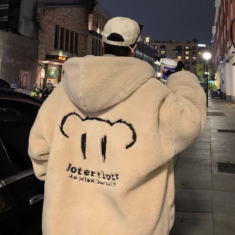 Plus Size 150kg Lamb Wool Hooded Cotton Coat for Men, Autumn and Winter ins Trendy Brand, Fleece-Lined, Thickened, Loose-Fitting Jacket