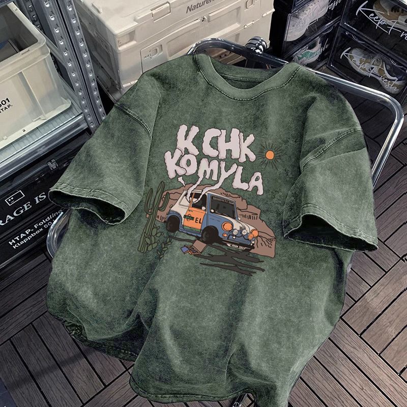 Extra Large Size 150kg Trendy Brand Washed and Distressed Short-Sleeved T-Shirt for Men and Women, Summer American Retro Pure Cotton Couple's Top