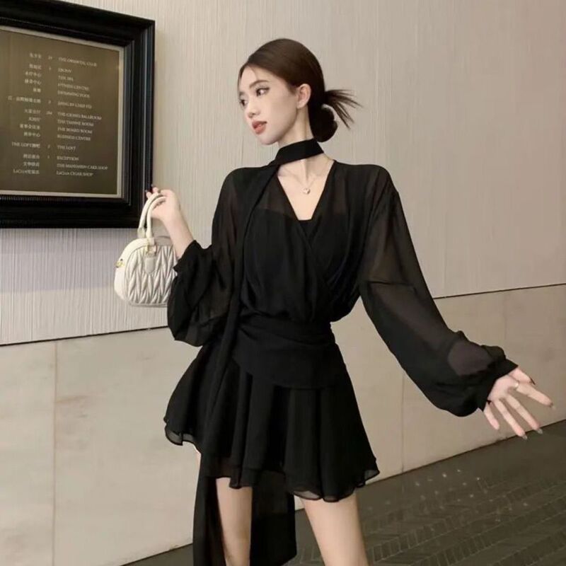 French-Style Black Ribbon Chiffon Long-Sleeve Dress for Women, Spring and Autumn, Elegant Waist-Cinching A-Line Short Skirt, Very Pretty Dress