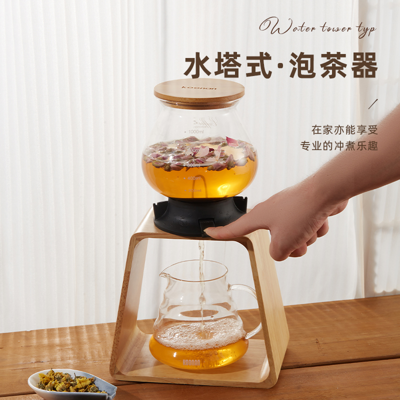 Koonan Japanese-Style Water Tower Teapot, High-Temperature Resistant Glass, Household Hot and Cold Flower Tea Pot, Cold Brew Coffee Pot, Large Capacity