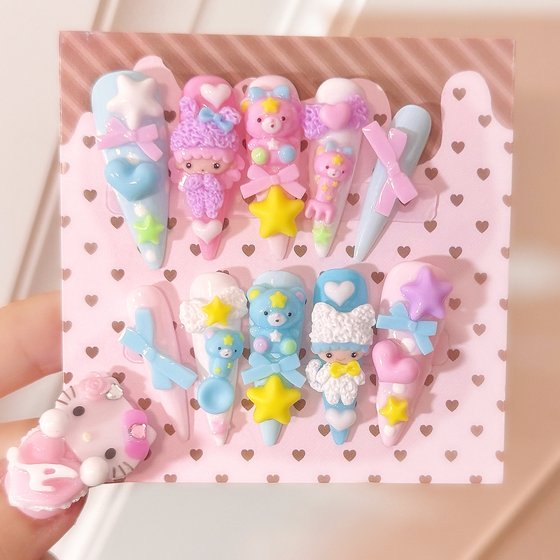 [in Stock] Cat Claw Bathtub｜Gal Style, Girly Pink-Blue Twin Star Cute Vintage Gorgeous Press-On Nails