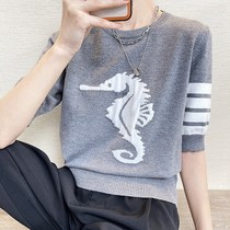 Round Collar Loose Needle Cardiovert Woman Short Sleeve Seahorse Stripe 2021 Spring Summer New Half Cut Sleeves T-shirt Blouse Thin