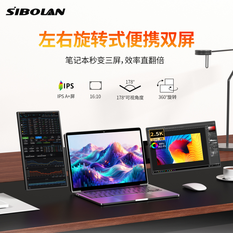 Sporland Dual-Screen Portable Monitor with Left and Right Rotation, 2.5K Laptop Screen Expansion for Stock Trading