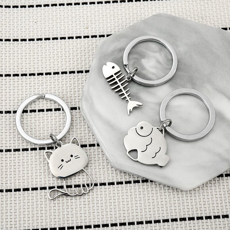 Creative Fish Bone Kitten Fish Stainless Steel Keychain Personalized Accessory for Best Friends and Couples Bag Pendant Cartoon Keychain