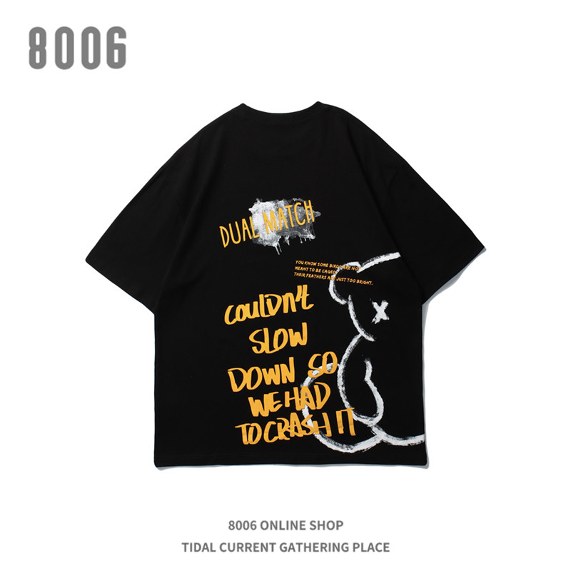 8006 short sleeve male tide card trendy hip hop street loose oversize short sleeve male and female couple small bear graffiti