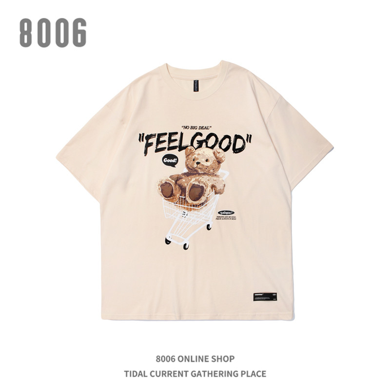 8006 original short sleeve male wave loose hip hop harbor wind 100 lap cute little bear T-shirt male and female fried street oversize