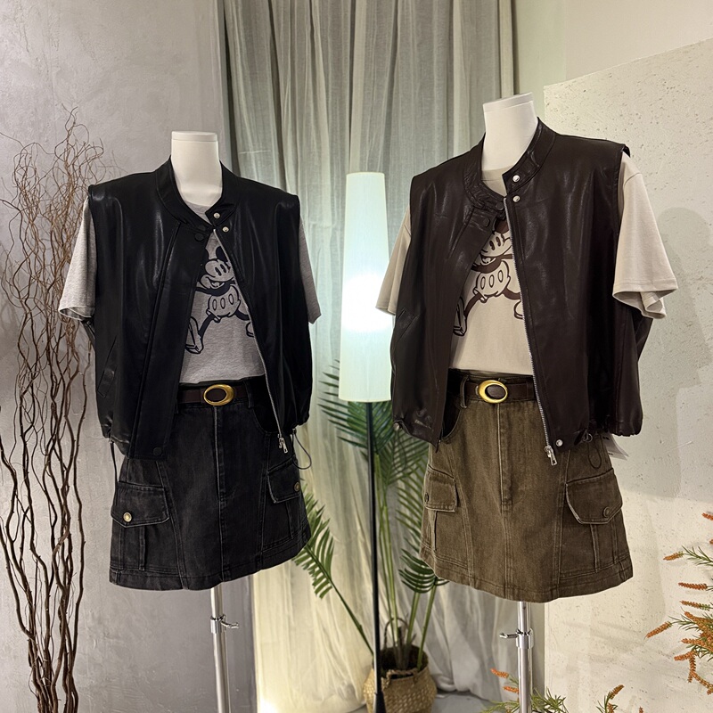 Motorcycle Style Protein Leather Vest Jacket for Women, Short Style, 2026 Autumn Collection, Zipper, Slimming, Sleeveless Leather Jacket Motorcycle Style Protein Leather Vest Jacket for Women, Short Style, 2026 Autumn Collection, Zipper, Slimming, Sleeveless Leather Jacket