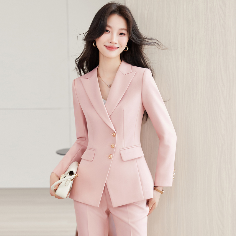 Pink Suit Set for Women, Autumn Professional Attire, High-End Host Formal Wear, Elegant Slim-Fit Blazer for Commuting