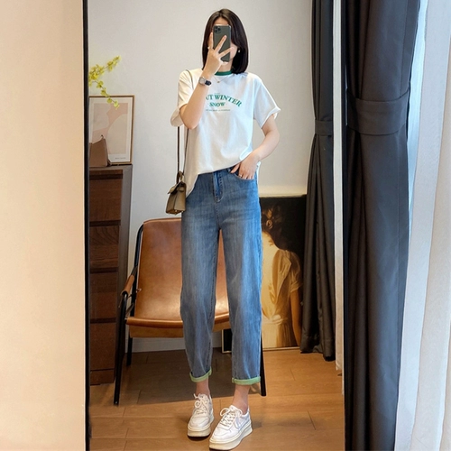 Штаны, весенние эластичные джинсы, тренд сезона, свободный крой, высокая талия, для формы тела «груша», большой размер