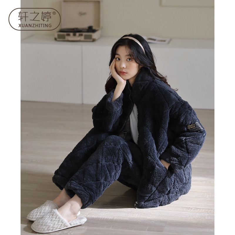 Women's winter pajamas thickened and velvet three-layer quilted autumn and winter can wear coral fleece winter home service suit winter