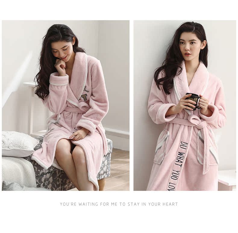 Áo ngủ nữ mùa đông san hô nhung dày cộng với áo choàng tắm nhung nữ cộng với đồ ngủ dài mùa thu và áo choàng mùa đông ấm áp flannel - Night Robe bộ đồ ngủ nữ cotton