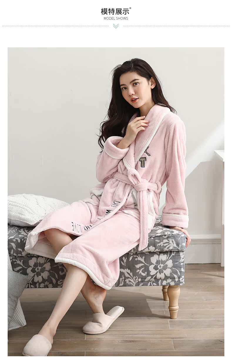 Áo ngủ nữ mùa đông san hô nhung dày cộng với áo choàng tắm nhung nữ cộng với đồ ngủ dài mùa thu và áo choàng mùa đông ấm áp flannel - Night Robe bộ đồ ngủ nữ cotton