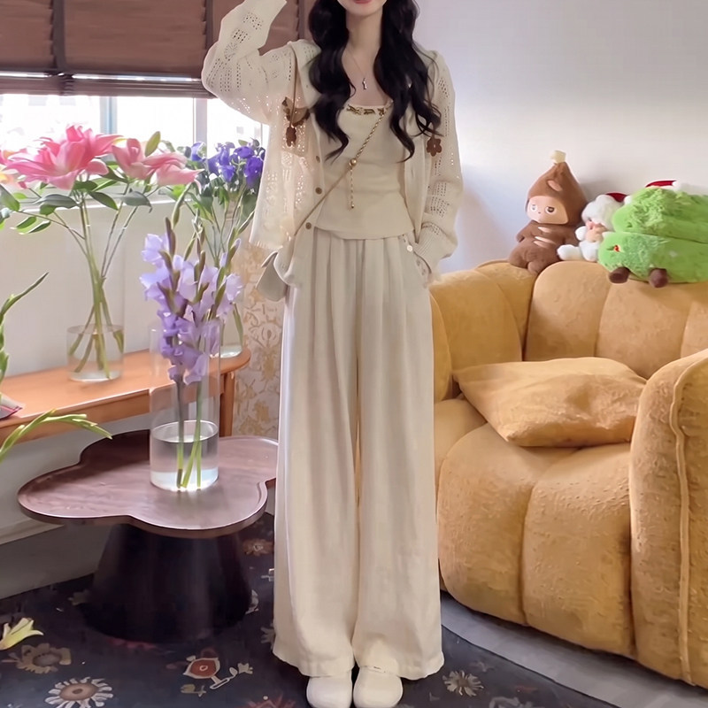 2026 Spring and Autumn New Korean Style Women's Knitted Cardigan with Camisole and Wide-Leg Pants Three-Piece Set