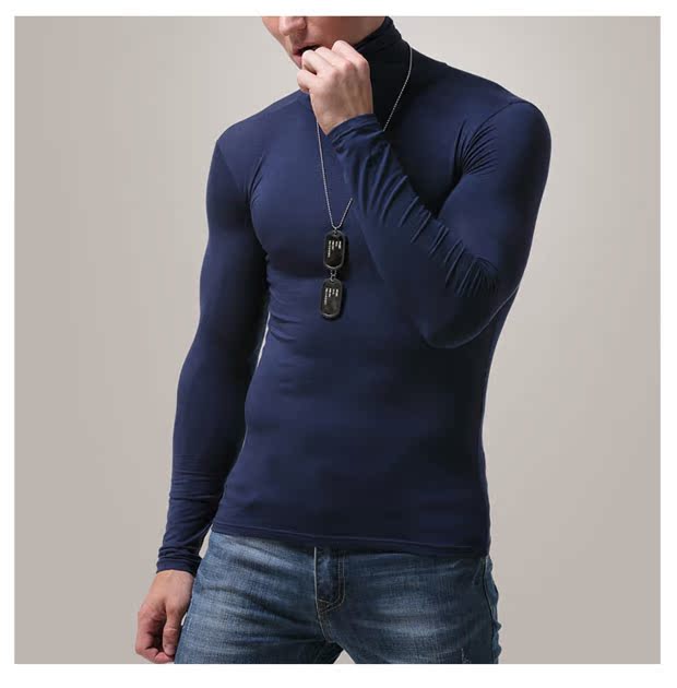 Áo thun cổ cao nam dài tay Slim xu hướng cộng với size cộng với chất béo quần áo mùa thu đồ lót mùa thu đông áo thun nam form rộng