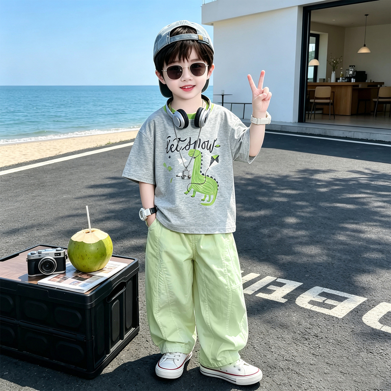 Boys' Suit 2026 New Style Kidsren's Dinosaur Short-Sleeved Summer Thin Style Baby Boy Sports Summer Clothes