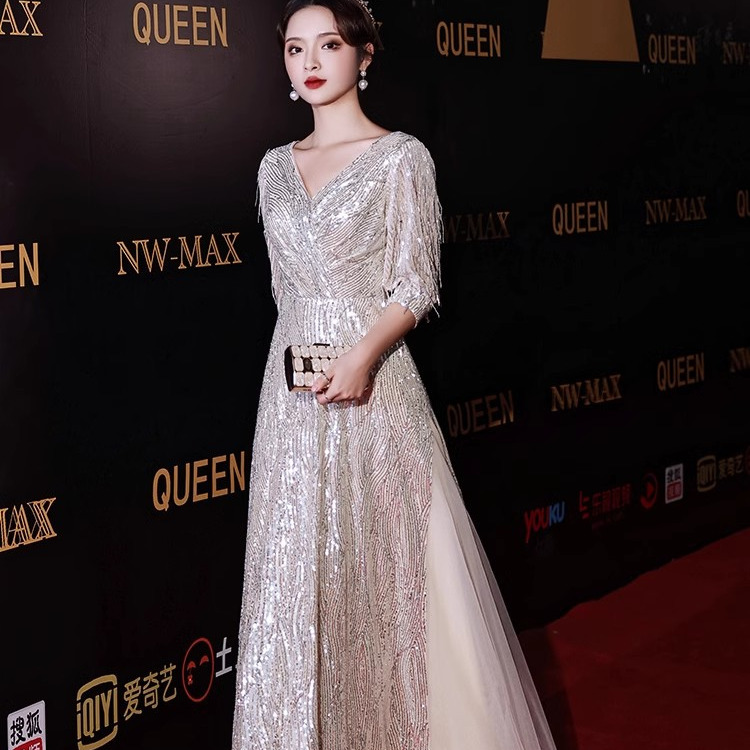 Plus-Size Evening Dress for Women, Slimming, Elegant, High-End, Light Luxury, Sophisticated, Annual Meeting Host Sequin Dress
