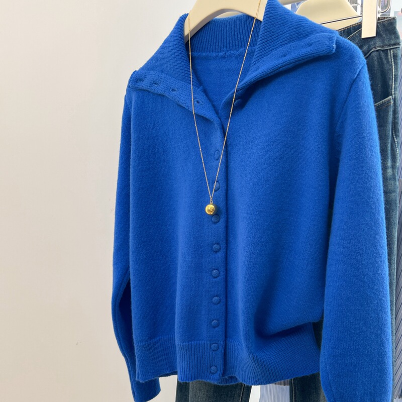 Klein Blue High-Neck Knitted Jacket Zhejiang Puyuan Sweater Tongxiang High-End Jiaxing Puyuan Cashmere Cardigan