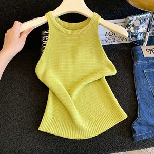 Avocado Green Halter Neck Knit Sleeveless Tank Top for Women, Ice Silk Linen, Stunning Thai Style Top