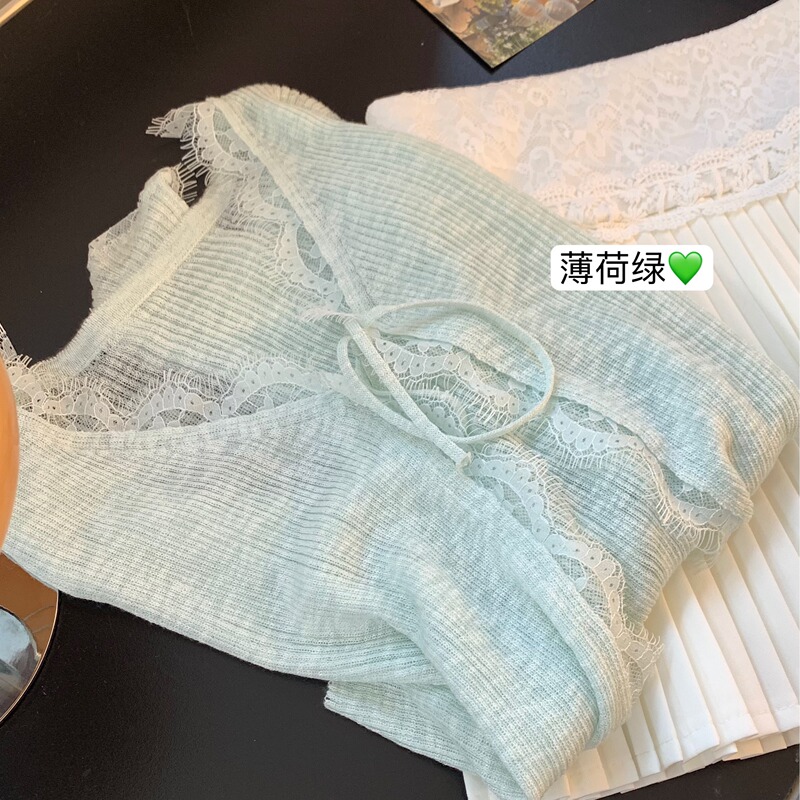 Guangzhou Thirteen Rows Women's Clothing Mint Mambo Green Short Knitted Cardigan Thin Air Conditioning Long Sleeve Top Sun Protection Jacket