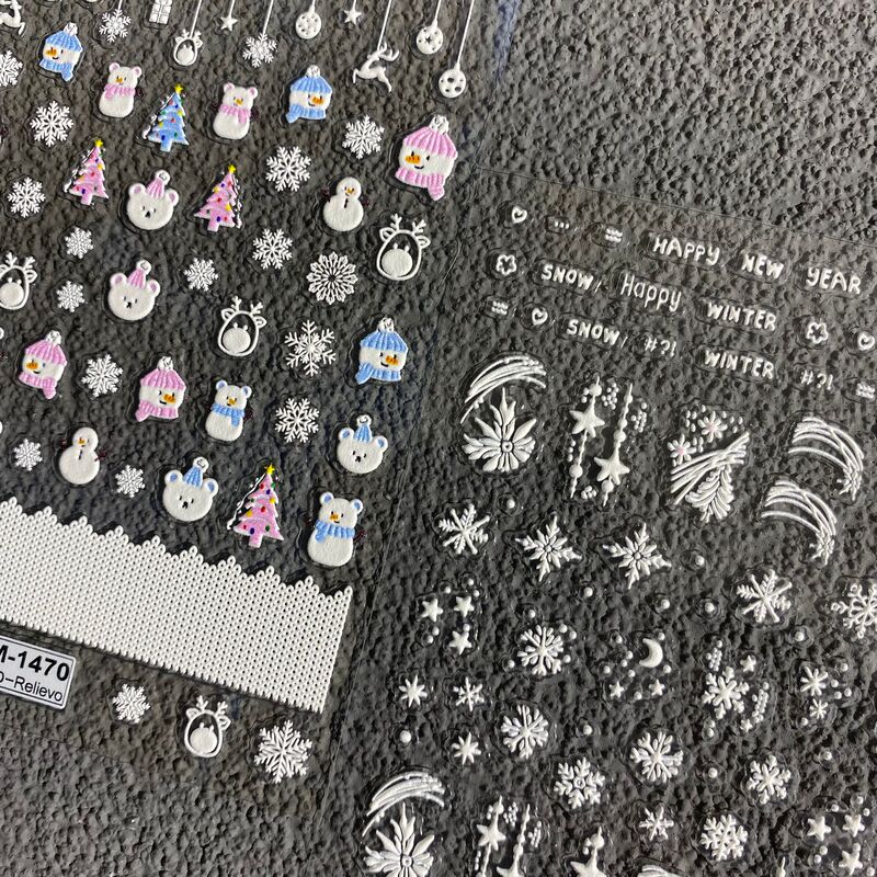 Winter Snowflake Reindeer Snowman Nail Stickers Embossed White Christmas Tree Bells New Adhesive Nail Stickers Decoration