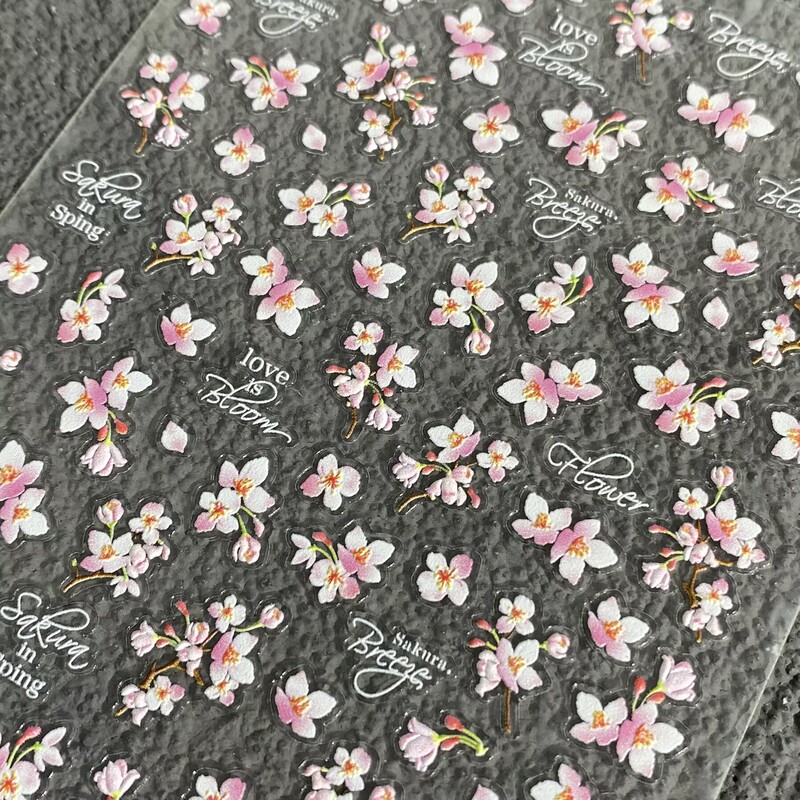 Spring Romantic Pink Cherry Blossom Nail Stickers Embossed 3D Spring Blossoms Cherry Blossom Adhesive Nail Stickers Decorations