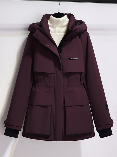 Burgundy Parka down Jacket for Women, Mid-Length, 2025 New Winter Thickened Hooded Workwear Parka Coat