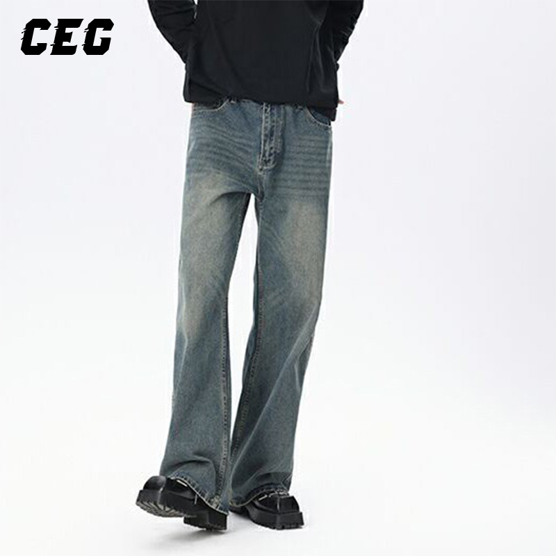 Ceg |   Vintage American-Style Distressed Straight-Leg Jeans for Men, Street-Style Loose Trendy Washed Versatile Long Pants.