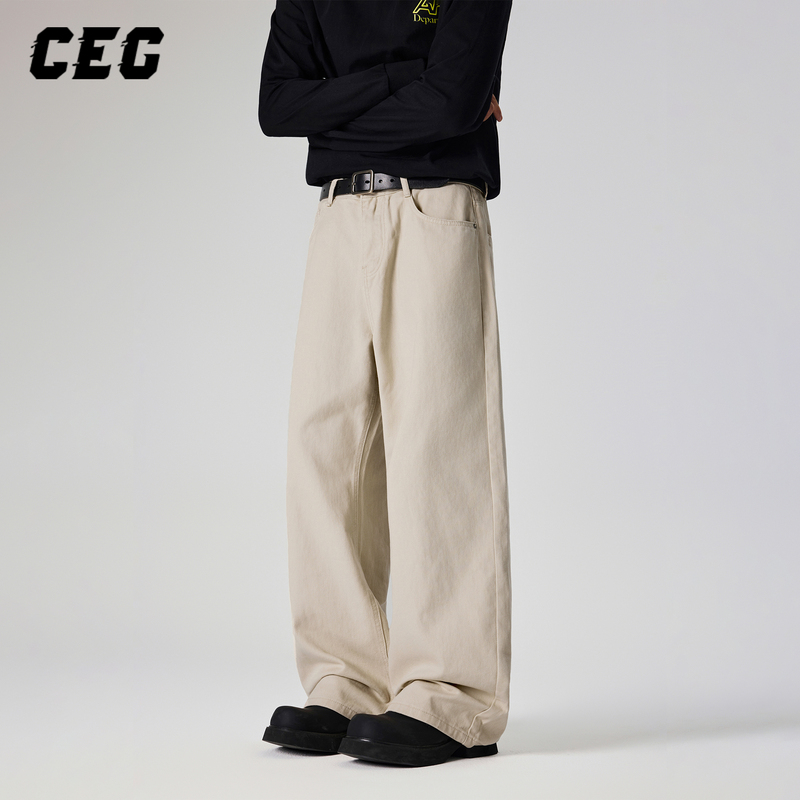 Cegffh American Retro Washed Apricot-Colored Jeans for Men and Women, Loose Straight Wide-Leg Pants for Couples