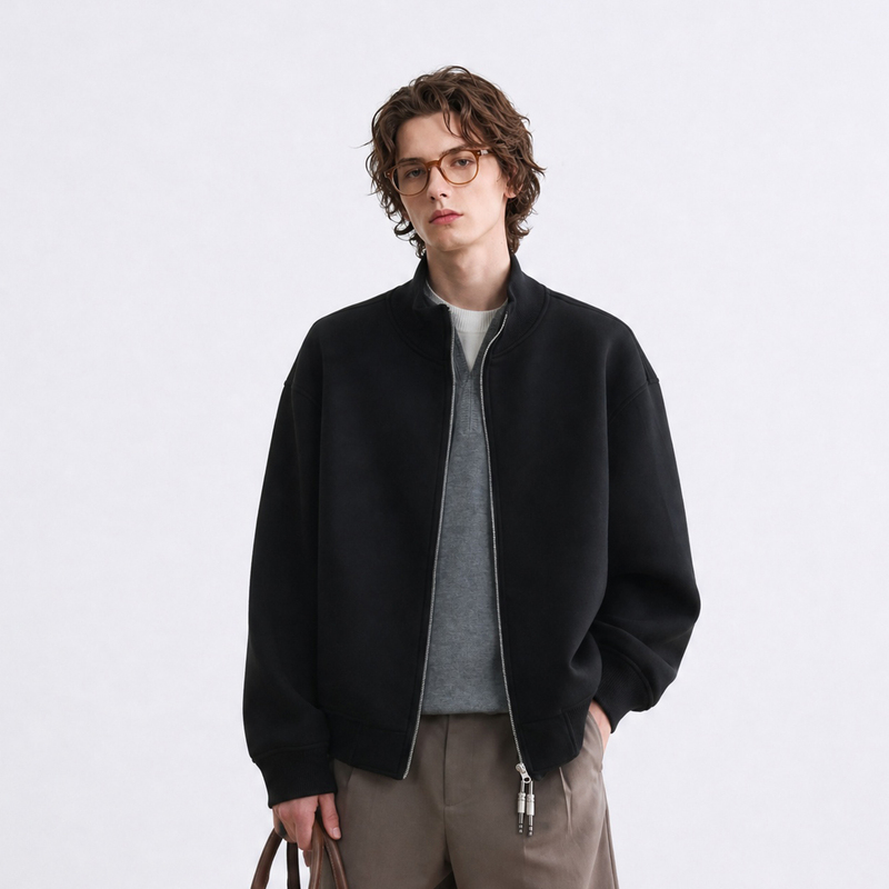 Cegffh American Retro Stand-Up Collar Trendy Brand Cardigan for Men and Women 2026 Simple Solid Color Casual Sports Short Jacket