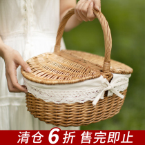 Picnic basket ins rattan Net red supplies tote basket bamboo basket pastoral with cover outdoor spring outing food storage basket