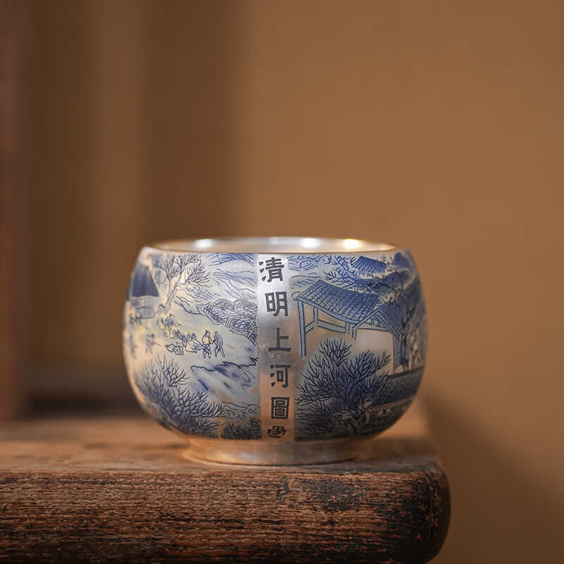 Silver Cup 999 Pure Silver Large Zen Cup with Qingming Festival Riverside Scene Ceramic Silver-Plated Master Cup Single Cup Ceramic Tea Set Tea Utensils