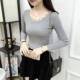 Mùa xuân và mùa thu mới ren cổ tròn áo thun nữ dài tay áo sơ mi chạm đáy hoang dã áo len bó sát áo cardigan
