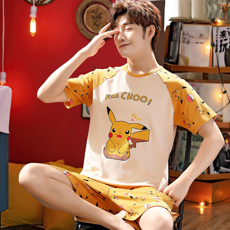 Bộ đồ ngủ Mens Summer mỏng ngắn tay áo bông Junior High School Student cartoon Teen trai Summer Home Suit.