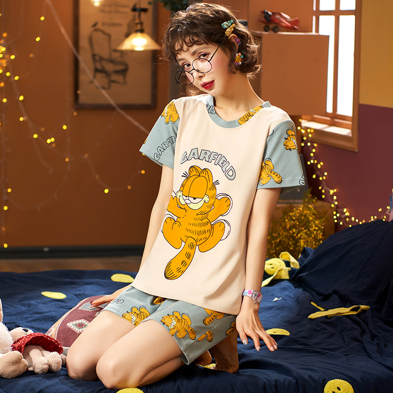 Pajama cô gái mùa hè mỏng bông ngắn tay hoạt hình dễ thương sọc loose-fitting lớn mã nhà phù hợp với hai mảnh mùa hè.