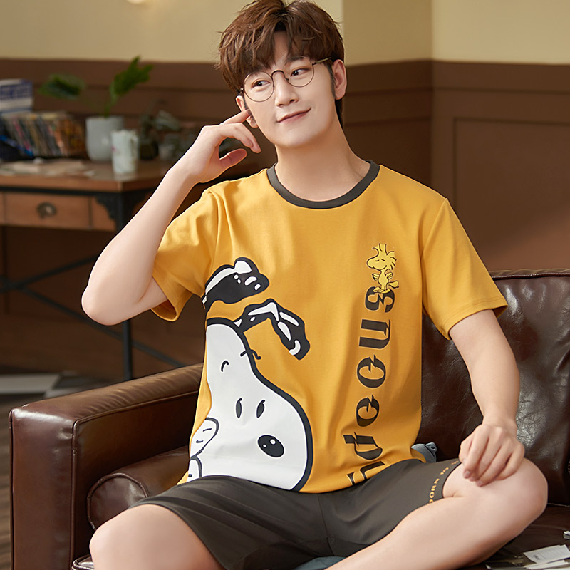 Bộ đồ ngủ Mens Summer mỏng ngắn tay áo bông Junior High School Student cartoon Teen trai Summer Home Suit.