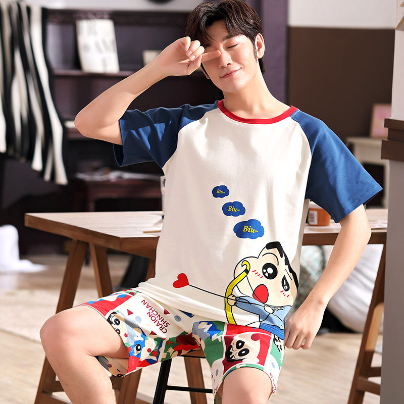 Mens đồ ngủ mùa hè quần short cotton tuổi teen boy phim hoạt hình sinh viên mùa hè mỏng nhà quần áo bộ.