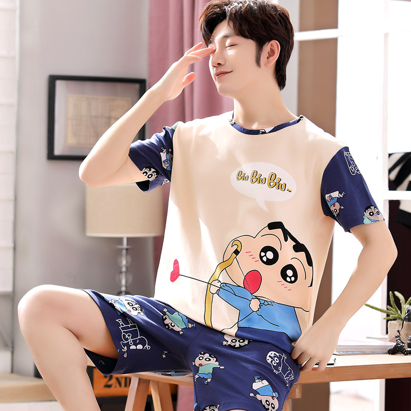 Bộ đồ ngủ Mens Summer mỏng ngắn tay áo bông Junior High School Student cartoon Teen trai Summer Home Suit.