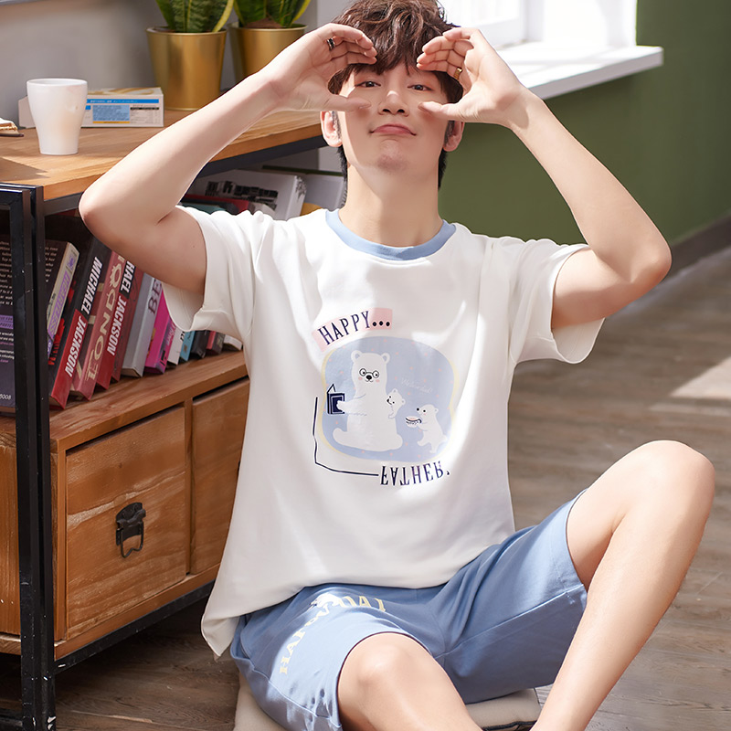 Mens đồ ngủ mùa hè quần short cotton tuổi teen boy phim hoạt hình sinh viên mùa hè mỏng nhà quần áo bộ.