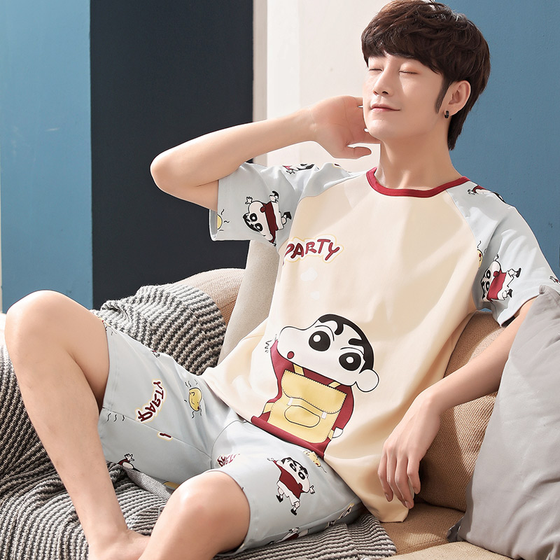 Bộ đồ ngủ Mens Summer mỏng ngắn tay áo bông Junior High School Student cartoon Teen trai Summer Home Suit.